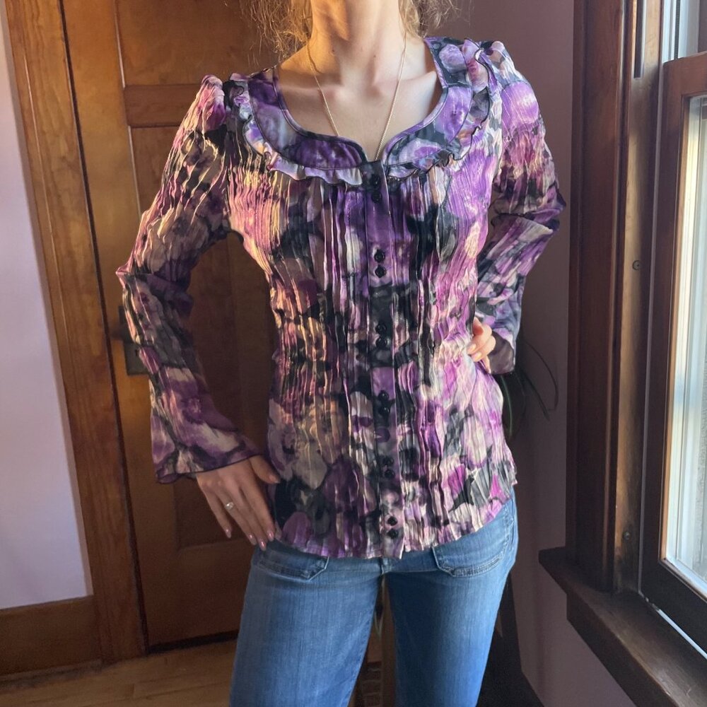 VTG Y2K Crinkle Gold Metallic Bell Sleeve Blouse Purple S Fairycore Artist - Picture 2 of 9
